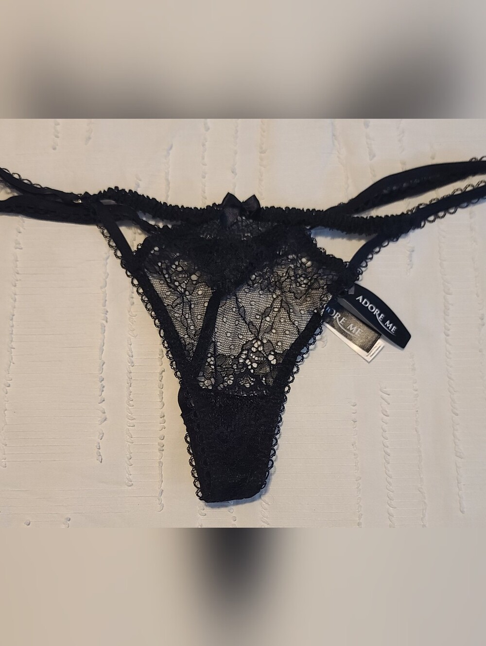 New Adore Me Black Floral Lace Thong Panties Sz L Stretch Bow